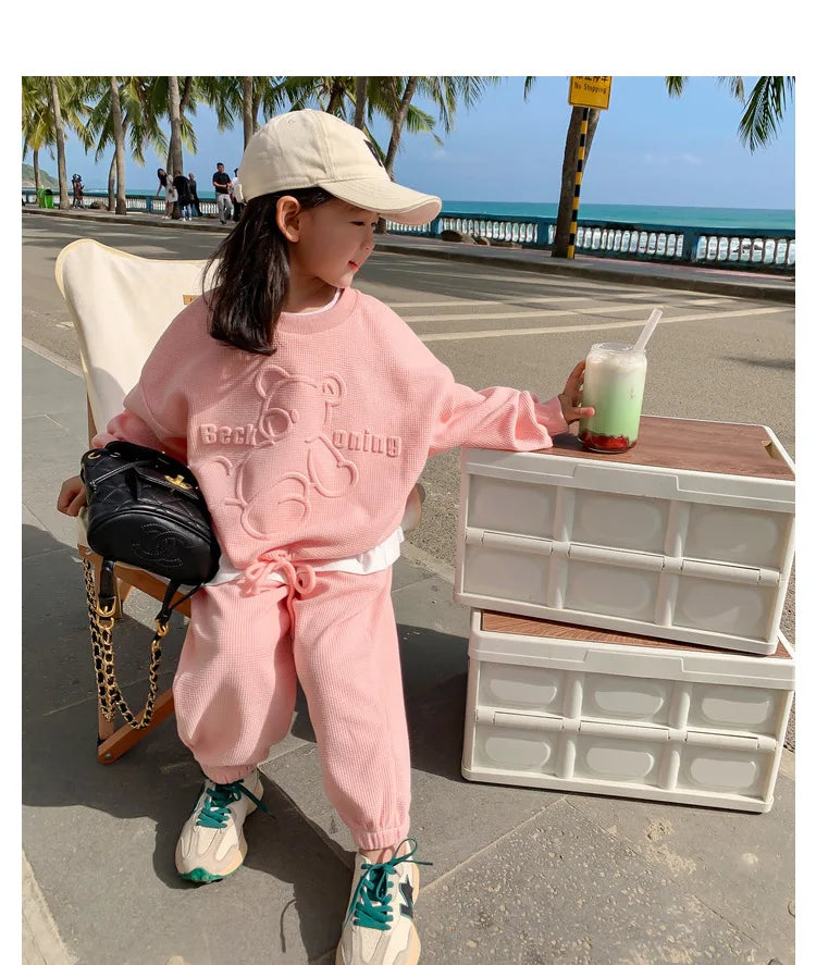 Conjunto de ropa informal para niña de 3 a 8 años, sudadera de manga larga con estampado de oso de dibujos animados, pantalones, 2 piezas, ropa deportiva