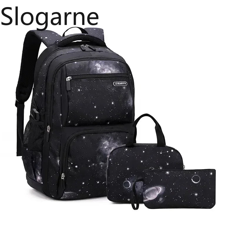 Nuevo conjunto de 3 uds de mochilas para niños, bolso escolar con patrón de cielo estrellado para estudiantes, bolso escolar impermeable con bolsa de almuerzo, estuche para lápices