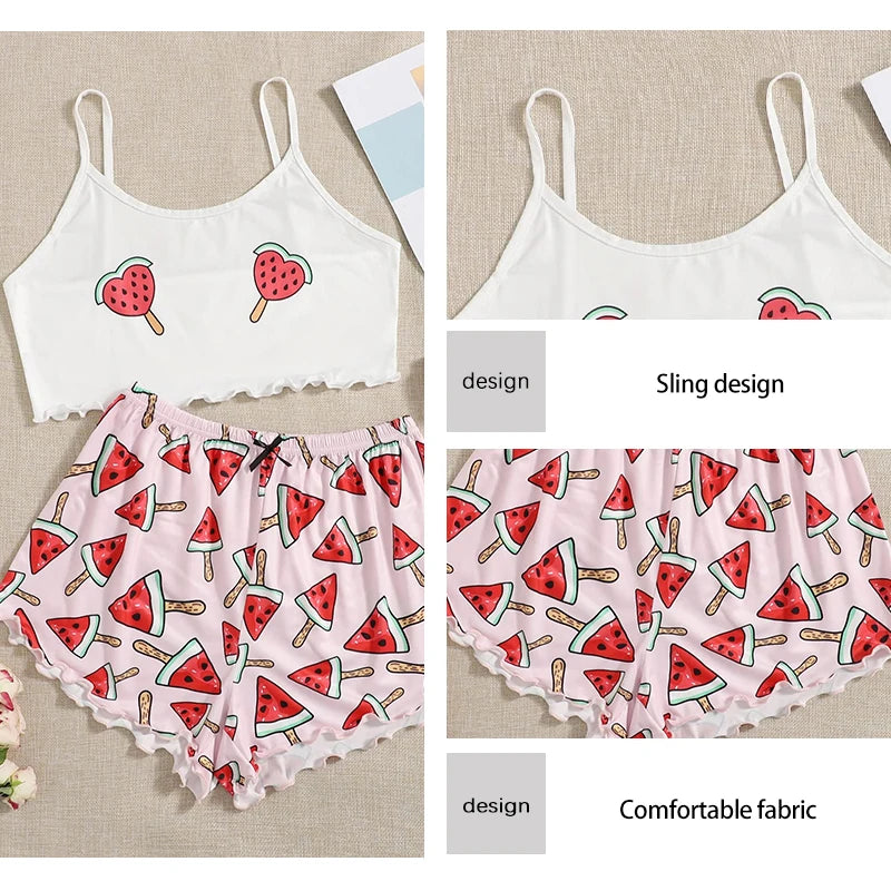 Conjunto de ropa de dormir de casa para mujer, ropa de dormir cómoda de dos piezas con tirantes de sandía, estampado rosa de seda de leche, novedad de verano