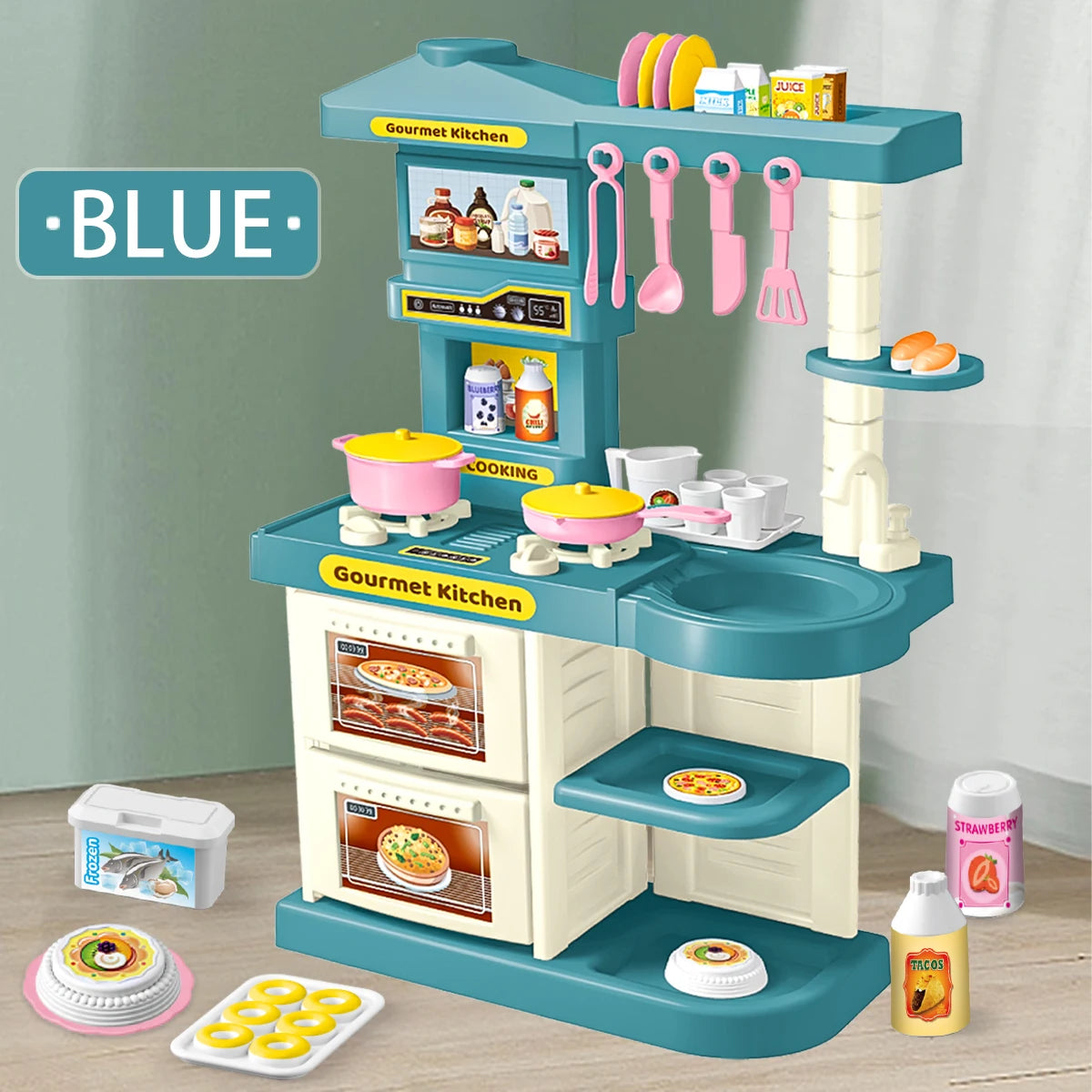 Los niños juegan accesorios de cocina, juego de juguetes, alimentos de cocina, sartenes, ollas de leche, pan, tenedor para niños mayores de 3 años y niñas