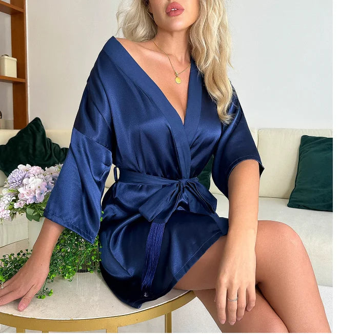Bata de Novia Blanca para Mujer, Kimono de Satén de Seda, Ropa de Dormir Holgada con Manga 3/4, Lencería