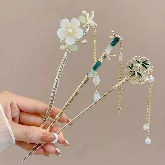 1/6 Uds. Palo para el pelo con borlas de estilo chino elegante, accesorio de peinado con diseño Floral tradicional, joyería para mujer, horquilla para el pelo