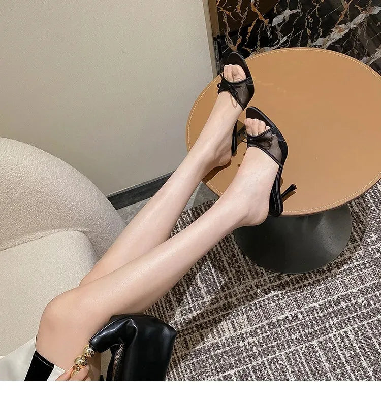 Sandalias de verano para mujer, tacones altos elegantes a la moda, zapatillas con punta abierta y nudo de mariposa de alta calidad, zapatos de tacón de diseñador de marca para mujer