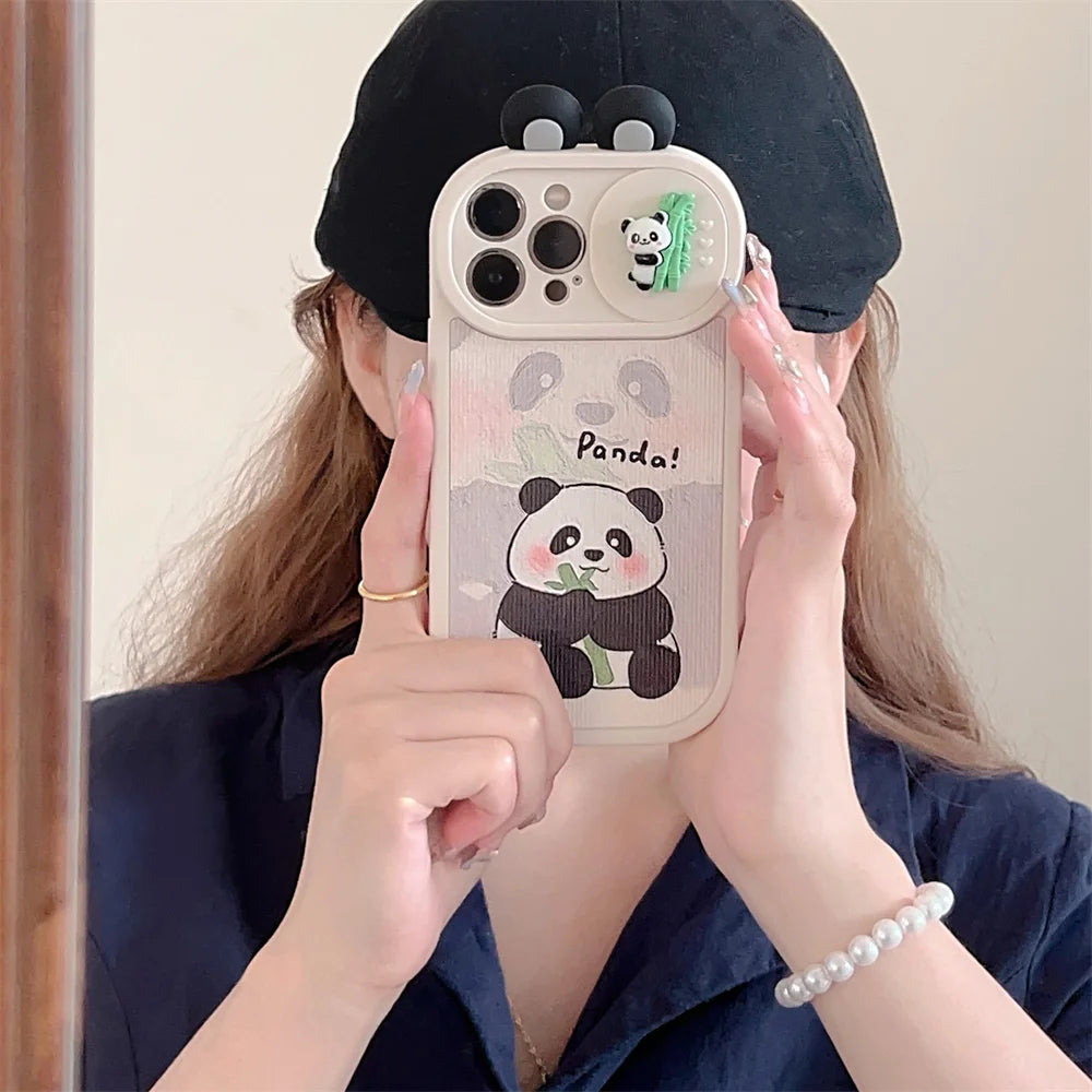 Ins 3D Panda Slide cámara protección funda de teléfono de silicona para iPhone 16 14 12 13 15 Pro Max 11 orejas de dibujos animados cubierta trasera a prueba de golpes