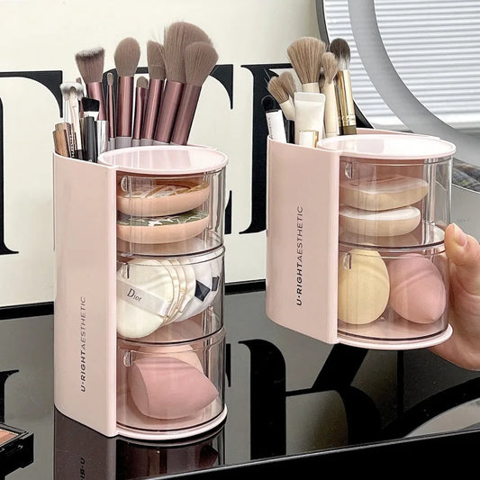 Caja de Almacenamiento de Accesorios para el Cabello de Varias Capas, Organizador de Joyas Transparente Giratorio, Estuche de Escritorio para Brochas de Maquillaje y Esponjas
