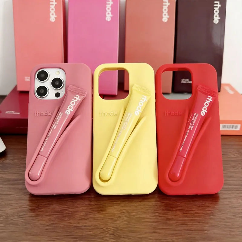 Maquillaje Rhode con caja, soporte para lápiz labial, funda de teléfono para IPhone17 Air 11 12 13 14 15 16 Pro Max Plus, funda suave de silicona para brillo de labios
