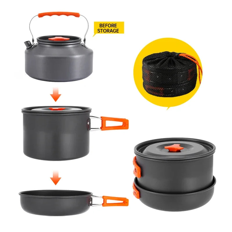 Juego de Cocina para Acampar, Juego de Utensilios de Cocina para Exteriores, Utensilios de Cocina Portátiles de Aluminio, Ollas, Tazones, Hervidores, Equipo para Picnic y Senderismo