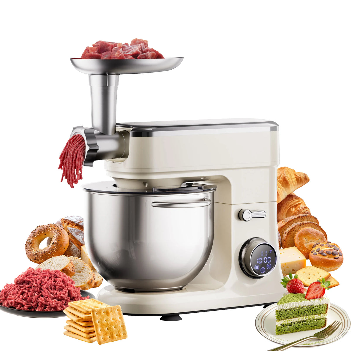 Batidora de Pedestal BioloMix de 7L para Repostería, Motor de CC de 1200W con Gancho Amasador, Batidor, Accesorio para Picar Carne - Batidora de Alimentos