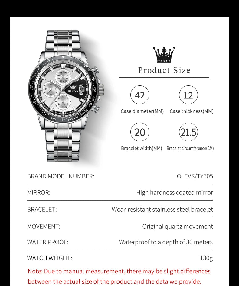 Reloj OLEVS TY705 para Hombre, Reloj de Cuarzo Luminoso de Lujo a Prueba de Agua, Reloj Multifuncional con Cronómetro, Reloj Deportivo Original Exclusivo para Hombre