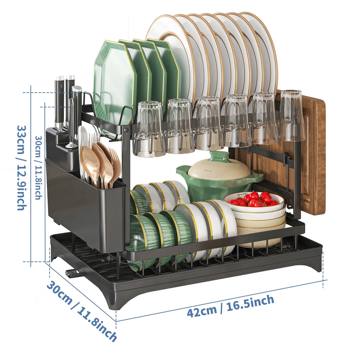 Estante de secado de platos de 2 niveles, escurridor de cuencos de cocina, estante de almacenamiento, vajilla, drenaje, palillos, cuchillo, tenedor, soporte de almacenamiento de vasos de agua de 2 niveles