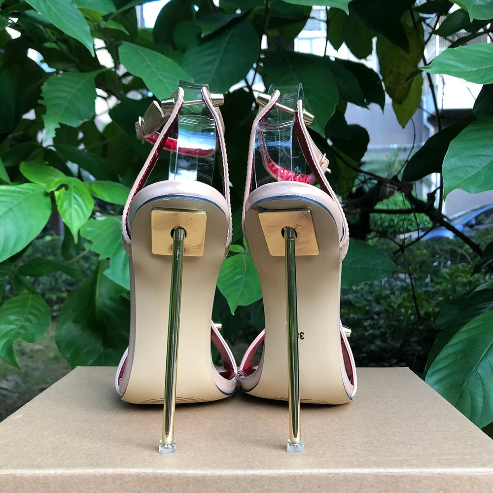 Zapatos de tacón de aguja para mujer, tacones altos de Metal de 12cm, sandalias sexis con correa en el tobillo y punta puntiaguda, modelo fetiche SM Man Drag Queen, zapatos Unisex