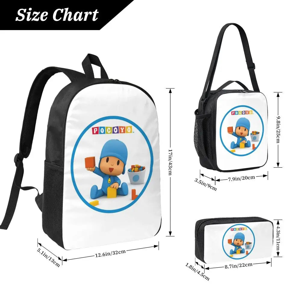 Mochila azul de dibujos animados de Pocoyo para niños, mochila escolar, bolsos de hombro para ordenador, bolsa de almuerzo aislada de 3 piezas, estuche para lápices