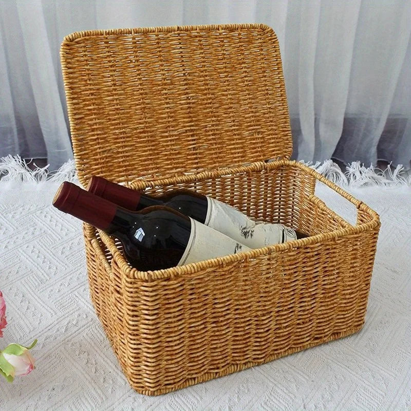 Cesta de almacenamiento tejida rural con tapa, organizador de guardarropa elegante y duradero, adecuado para baño, dormitorio, cocina y hogar