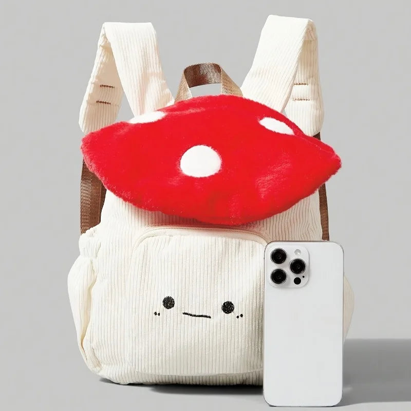 Mochila Kawaii de felpa con forma de seta para mujer, bolso de mano bonito con correas ajustables, cierre de cremallera, mochilas de estudiante de pana roja/blanca