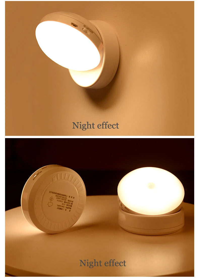 Luz nocturna con Sensor de movimiento, iluminación LED inalámbrica recargable, magnética giratoria 360 para habitación, mesita de noche, iluminación de gabinete