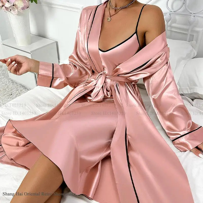 Conjunto de bata larga Sexy para mujer, camisón Chemise, ropa de dormir de satén de seda para verano, vestido para casa, ropa de dormir, ropa de salón holgada, lencería
