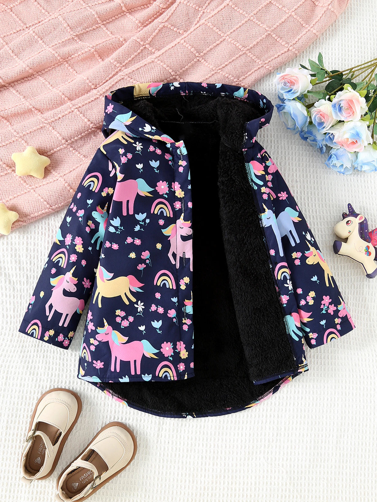 Chaqueta con estampado de flores de unicornio para niña, chaqueta informal con capucha de manga larga con aislamiento de felpa, otoño e invierno