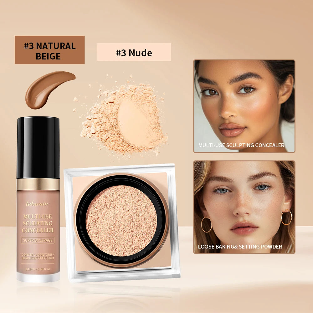 Juego de maquillaje facial de 2 piezas con corrector y polvo fijador suelto, acabado mate natural para el rostro, cosméticos para mujer, maquillaje coreano