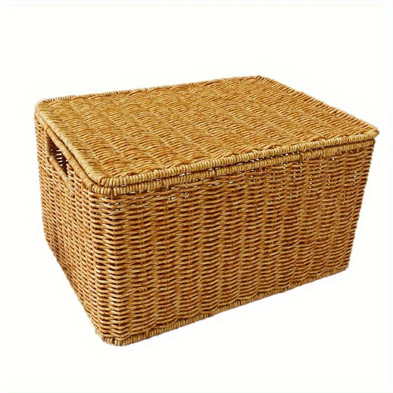 Cesta de almacenamiento tejida rural con tapa, organizador de guardarropa elegante y duradero, adecuado para baño, dormitorio, cocina y hogar
