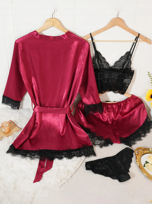 Conjunto de pijama de satén para mujer, bata de lencería de encaje, ropa de dormir Sexy de seda, camisón de satén suave, camisón, 4 Uds.