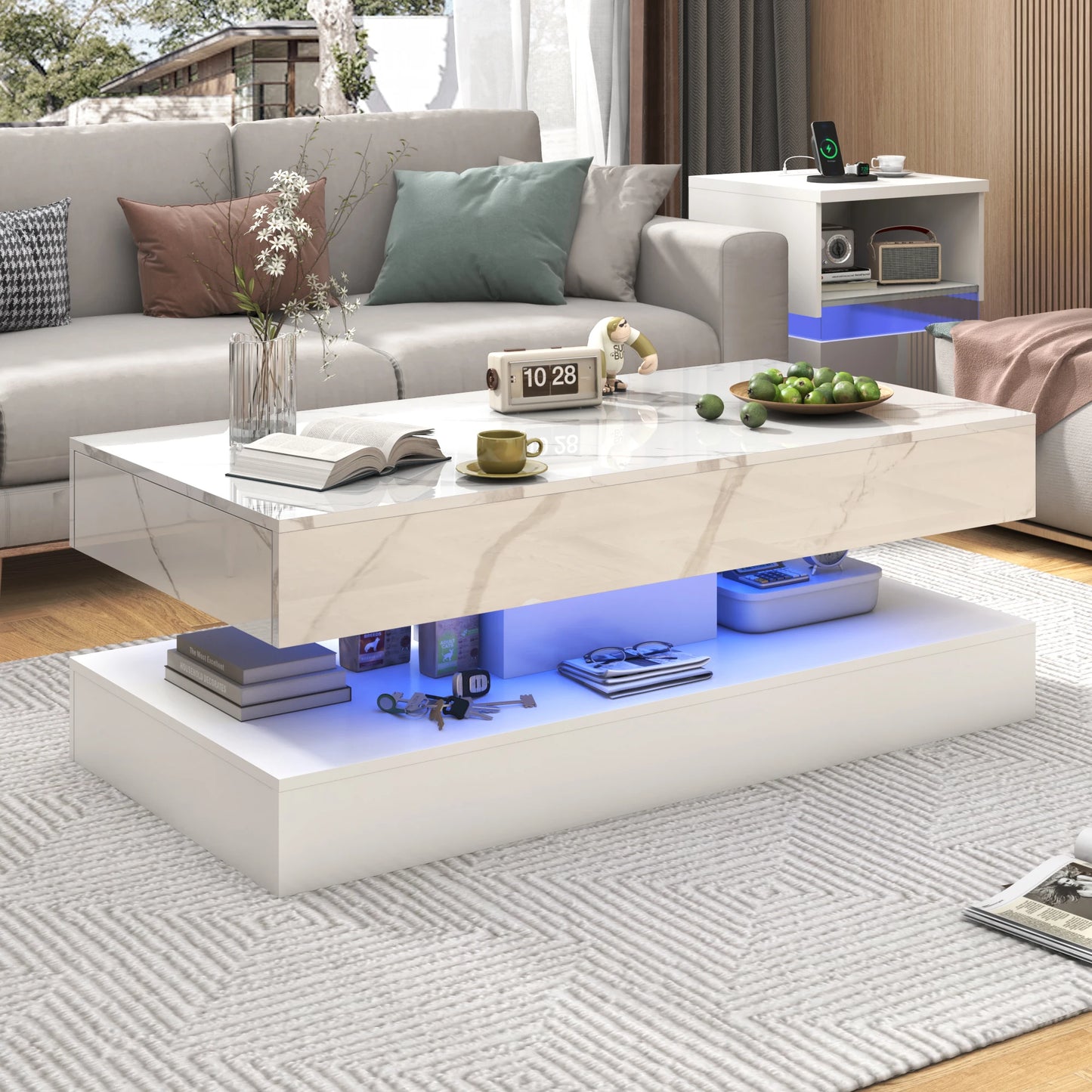 Mesa de Centro Moderna y Elegante con Luces LED, Diseño de Doble Capa para Sala de Estar con 2 Cajones de Almacenamiento