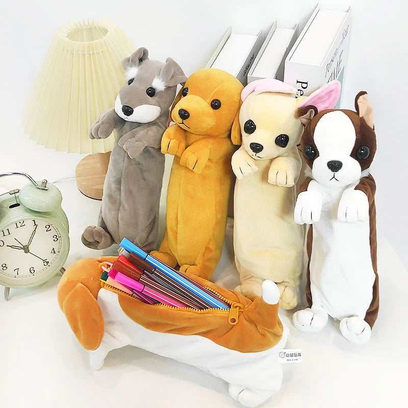 Estuche para lápices de papelería, bolsa para lápices con forma de perro de peluche de dibujos animados, bolsa para bolígrafos de animales, suministros escolares para niños, bolsa para lápices creativa