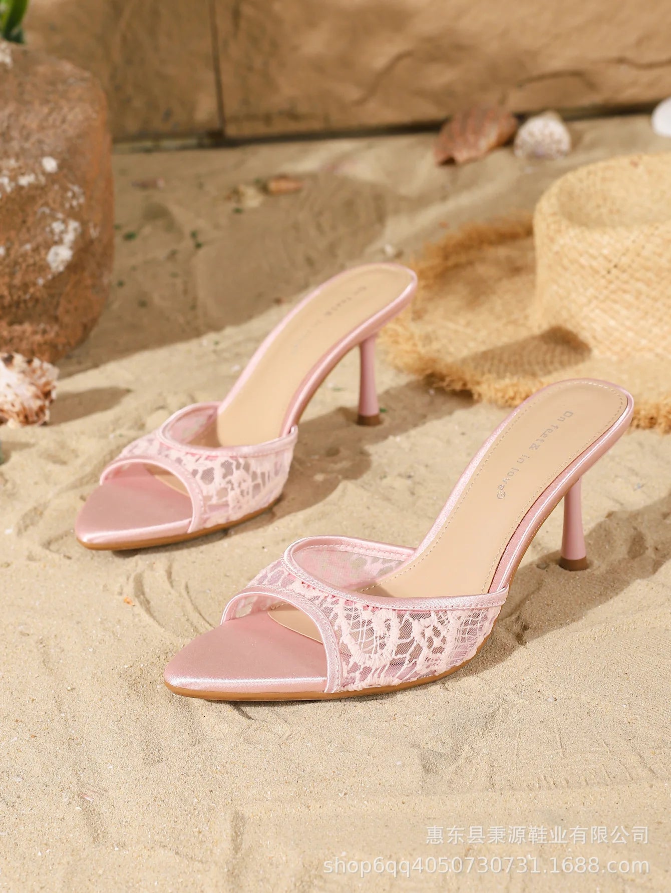 Zapatillas de mujer de tacón alto fino con bordado de malla elegante, sandalias deslizantes sexis con punta abierta y punta estrecha, zapatos cómodos de verano para mujer