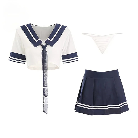 Conjunto de lencería Sexy de marinero para mujer, ropa de dormir de Cosplay de colegiala japonesa, minifalda plisada, Top corto, pijama, 3 uds.