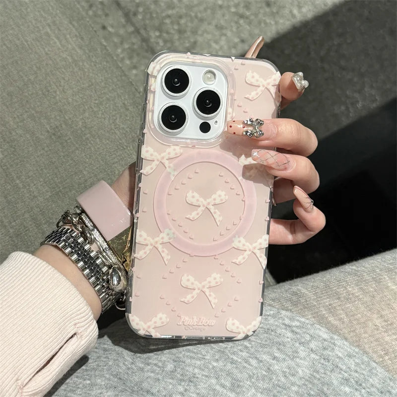 Preciosa funda de teléfono magnética para iPhone 16 Pro 15 14 13 Pro Max 15Pro, funda con soporte de lazo de perlas, fundas a prueba de golpes para Magsafe