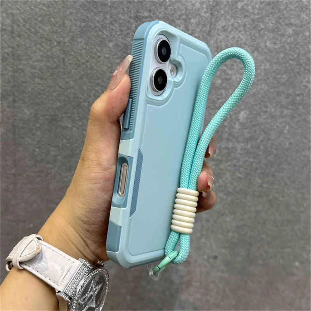 Armadura de parachoques híbrida de lujo, pulsera, correa para muñeca, cordón, funda de teléfono para iPhone 17 16 11 12 13 14 15 Pro Max XR, funda a prueba de golpes