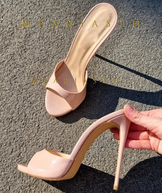 Mulas de cuero de Color caramelo para mujer, zapatos de tacón alto fino con punta abierta y punta abierta, zapatillas modernas sexis para fiesta para primavera y verano