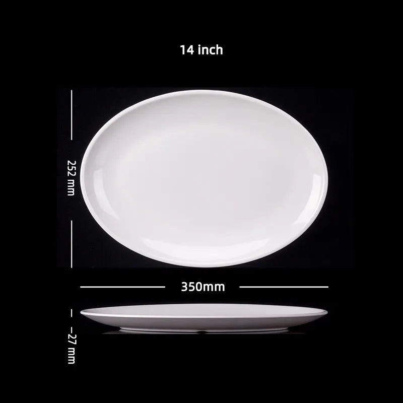 Platos ovalados de melamina blanca de 9-14 pulgadas, juego de cena, plato de porcelana de imitación, bandejas planas para carne, servicio de mesa de cocina y Hotel duradero