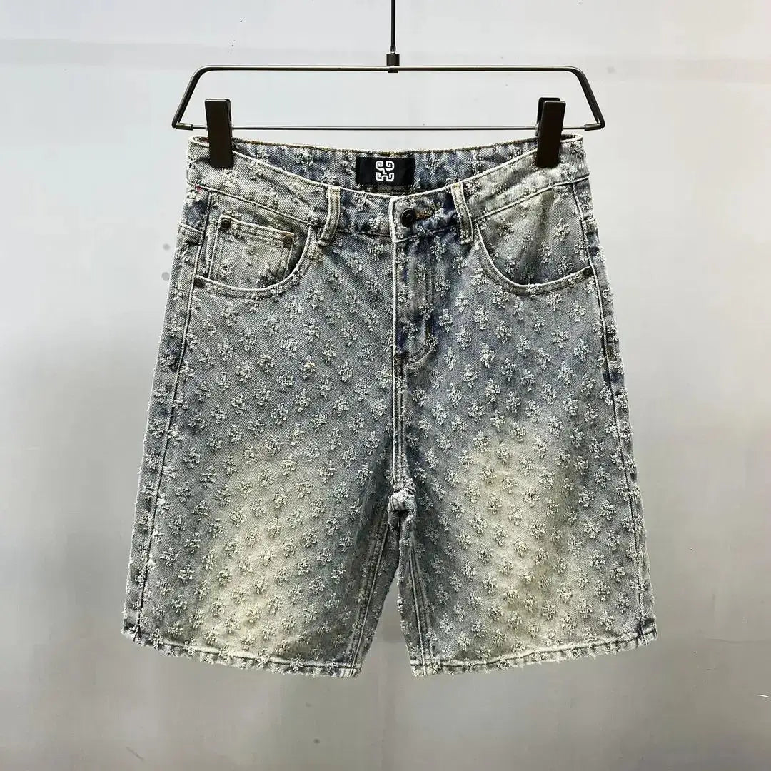 Pantalones cortos de mezclilla Retro de calidad de lujo ligeros americanos Y2K verano Hip Hop INS hombres sueltos afeitado Jacquard pareja Denim pantalones de cinco puntos