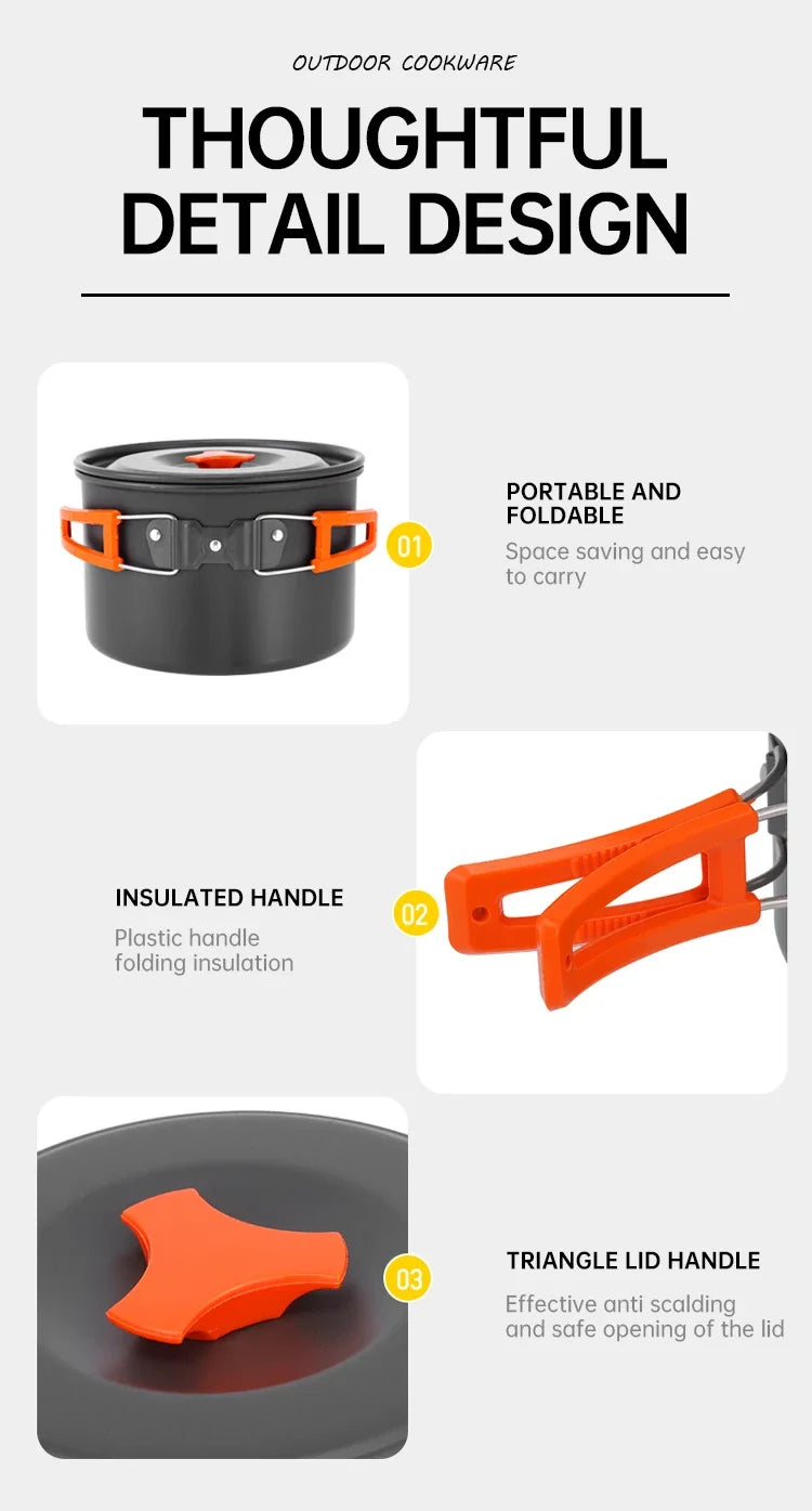 Juego de Cocina para Acampar, Juego de Utensilios de Cocina para Exteriores, Utensilios de Cocina Portátiles de Aluminio, Ollas, Tazones, Hervidores, Equipo para Picnic y Senderismo