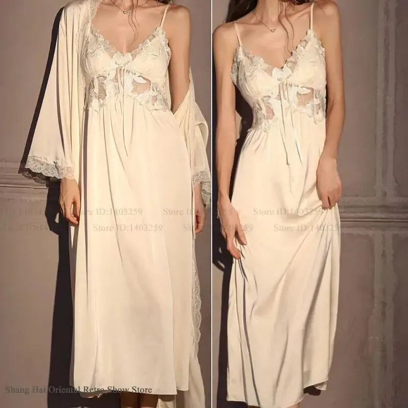 Conjunto de bata larga elegante para mujer, camisón de lencería Sexy, camisón con espalda descubierta, ropa de dormir para el hogar, ropa de dormir de satén de seda