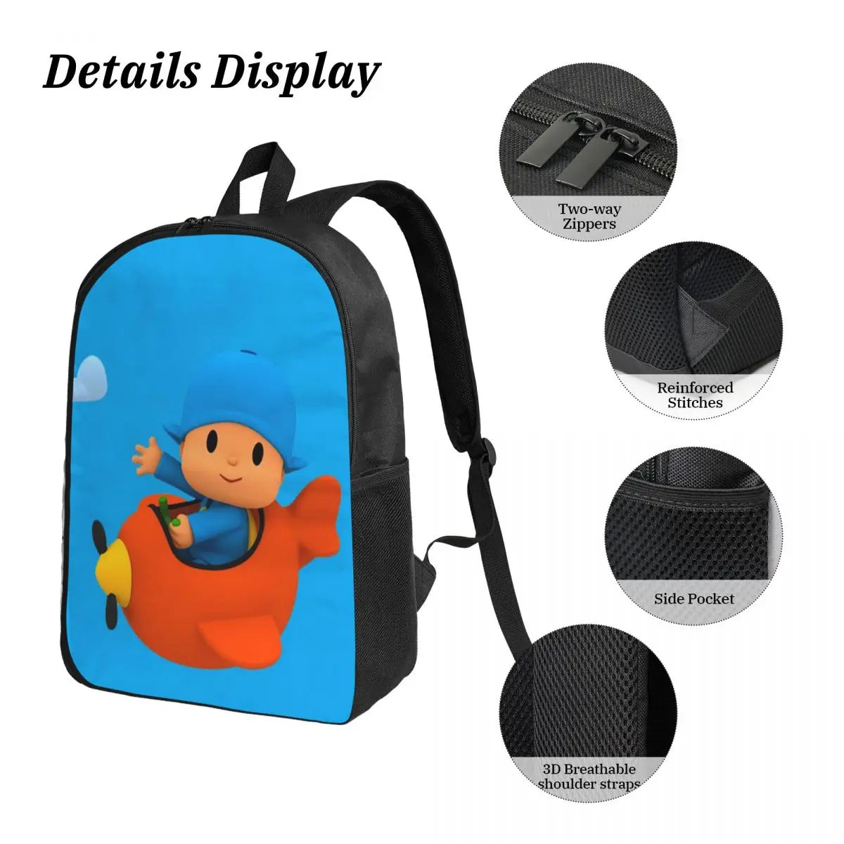 Mochila azul de dibujos animados de Pocoyo para niños, mochila escolar, bolsos de hombro para ordenador, bolsa de almuerzo aislada de 3 piezas, estuche para lápices