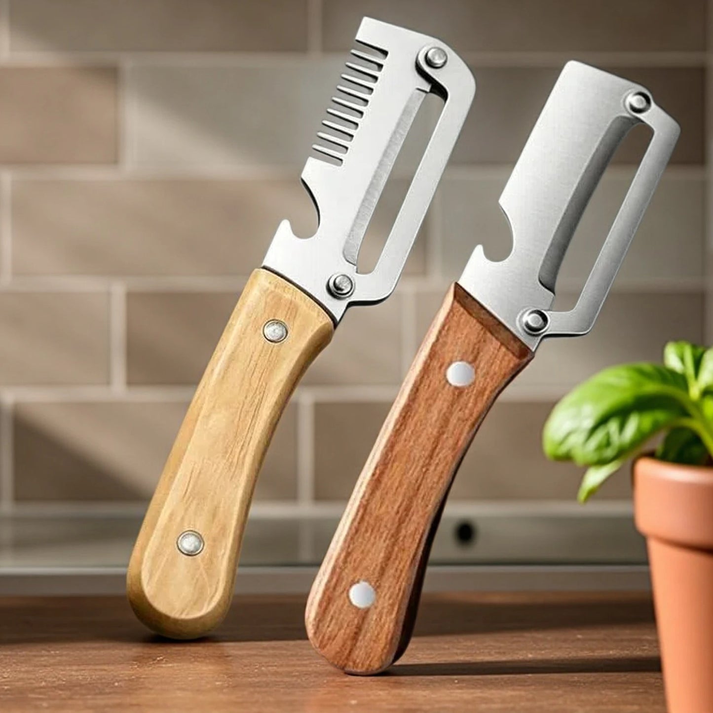 Juego de 2 peladores de cocina de acero inoxidable con mango de madera para pelar y cortar frutas y verduras, herramienta de cocina