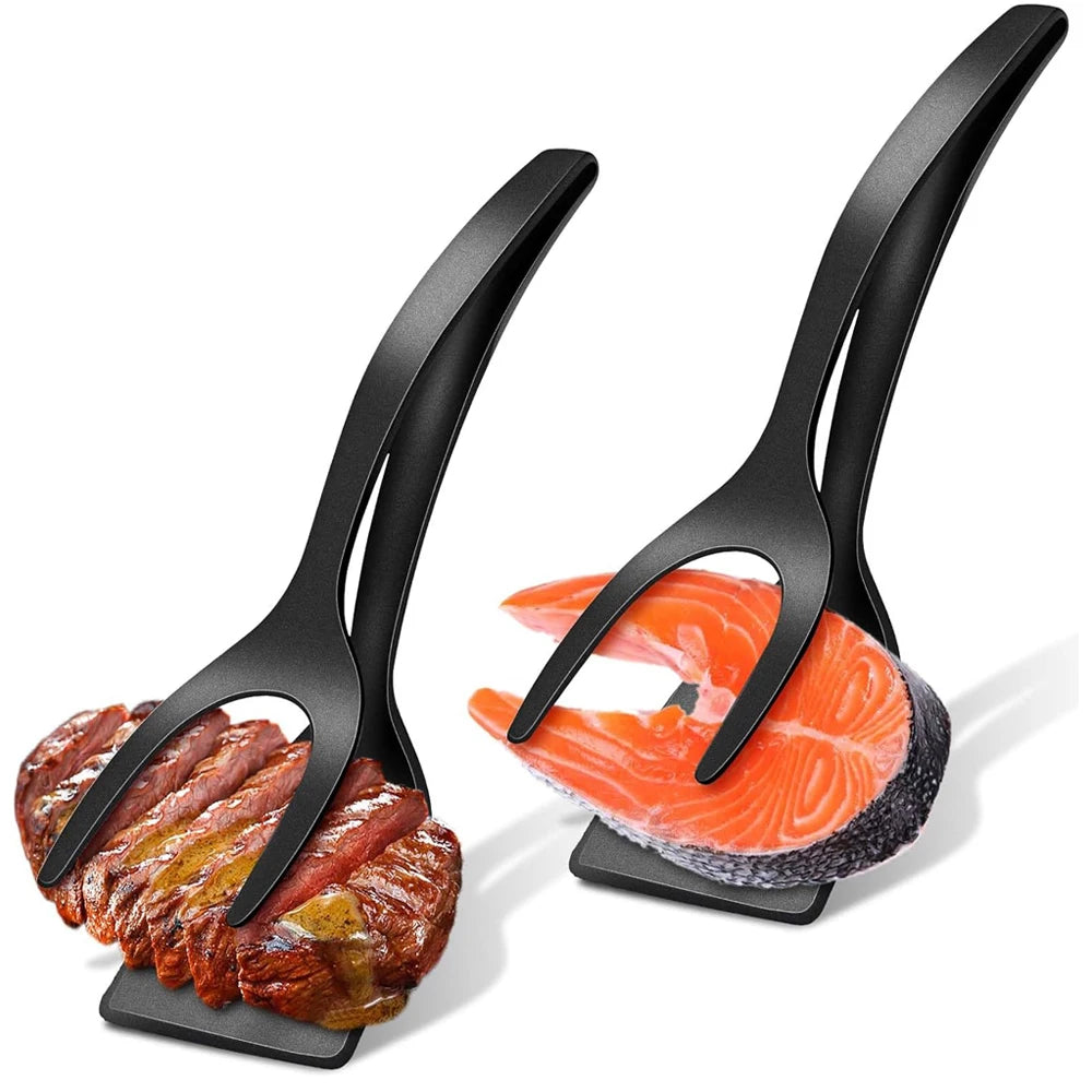 Nueva Espátula 2 en 1 con Pinzas, Espátula para Voltear Huevos, Espátula de Nailon con Revestimiento Antiadherente, Herramienta para Hacer Panqueques, Pescado, Tostadas Francesas y Omelettes