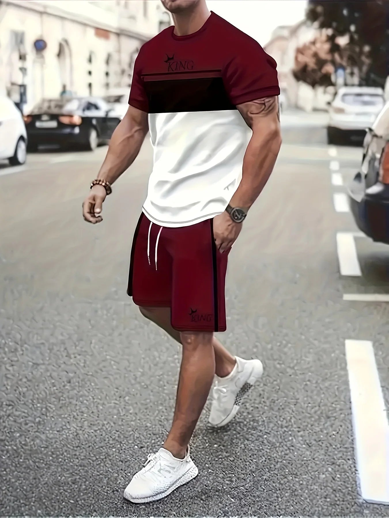 Nueva ropa deportiva de verano para hombre, conjunto de camiseta de manga corta a rayas, ropa de viaje al aire libre de dos piezas, pantalones cortos de ajuste relajado, ropa de entrenamiento
