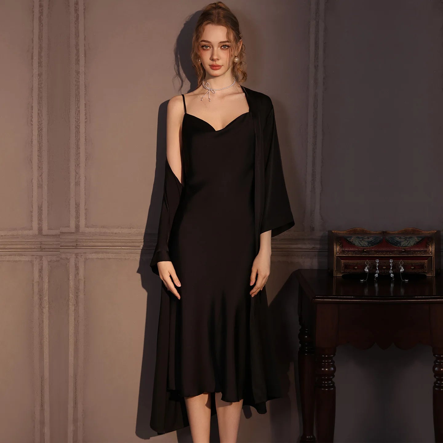 Conjunto de bata Twinset elegante para mujer, bata de baño tipo kimono largo, camisón de encaje Sexy, lencería, ropa de dormir nueva para primavera y otoño, vestido para casa