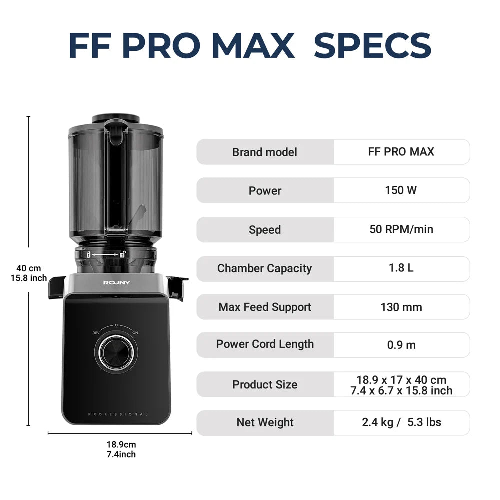 ROUNY Exprimidor lento, extractor de prensa en frío con sin filtro, máquina exprimidora de frutas eléctrica de fácil limpieza con gran calibre, negro