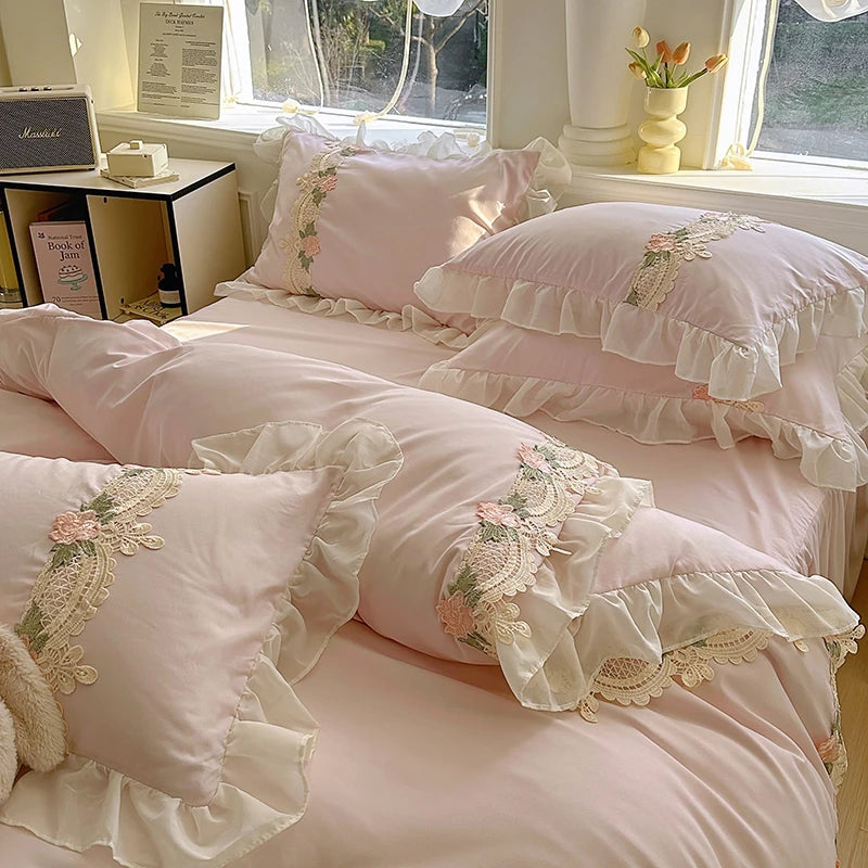 Juego de Ropa de Cama Estilo Princesa INS 2026, con Volantes, Encaje y Lazo, Funda de Edredón Romántica para Mujer, Juego de 4 Piezas