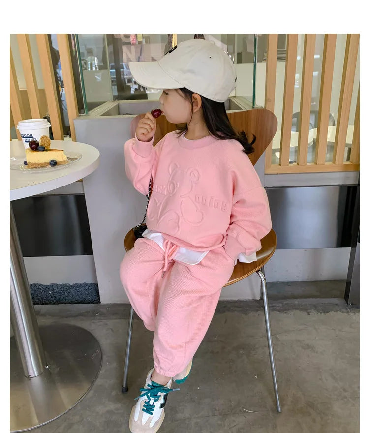 Conjunto de ropa informal para niña de 3 a 8 años, sudadera de manga larga con estampado de oso de dibujos animados, pantalones, 2 piezas, ropa deportiva