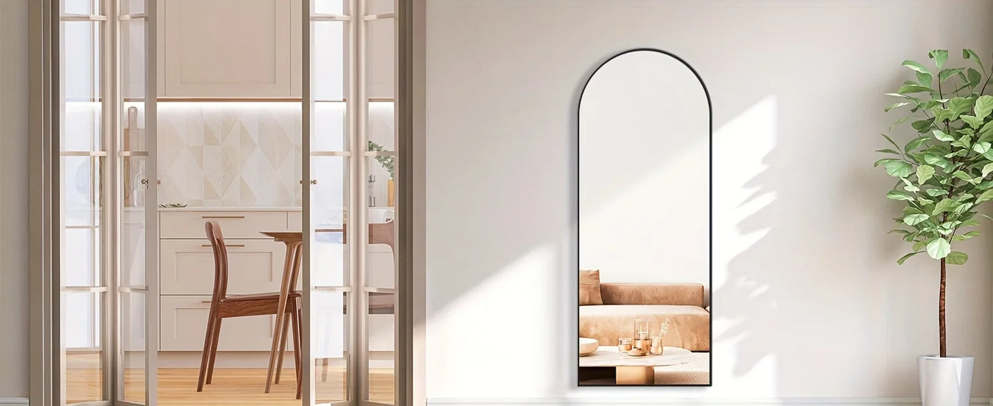 Espejo de cuerpo entero arqueado/recto, espejo de cuerpo entero con soporte, para colgar o apoyar en la pared, marco delgado de aleación de aluminio, de pie.
