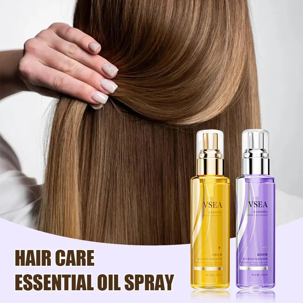 Spray de aceite esencial para el cuidado del cabello de 100 ml para mujeres, anti-frizz, control de encrespamiento, brillo, fragancia, acondicionador sin enjuague.