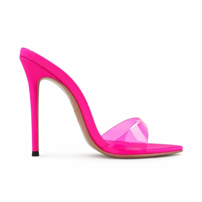Nuevas sandalias de verano para mujer, multicolor, de PVC, con una sola correa, tacón alto, punta en pico, estilo sexy, fáciles de poner.