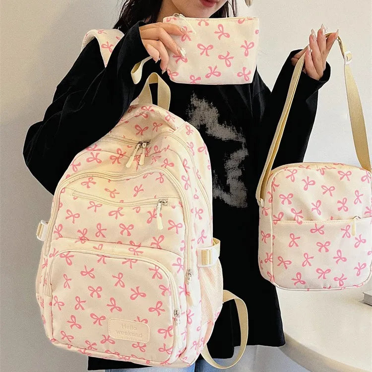 Juego de 3 Bolsas Escolares con Lazo, Mochila de Gran Capacidad, Mochila Casual de Viaje, Mochila Versátil, Bolsa Cruzada, Bolsas para Niñas