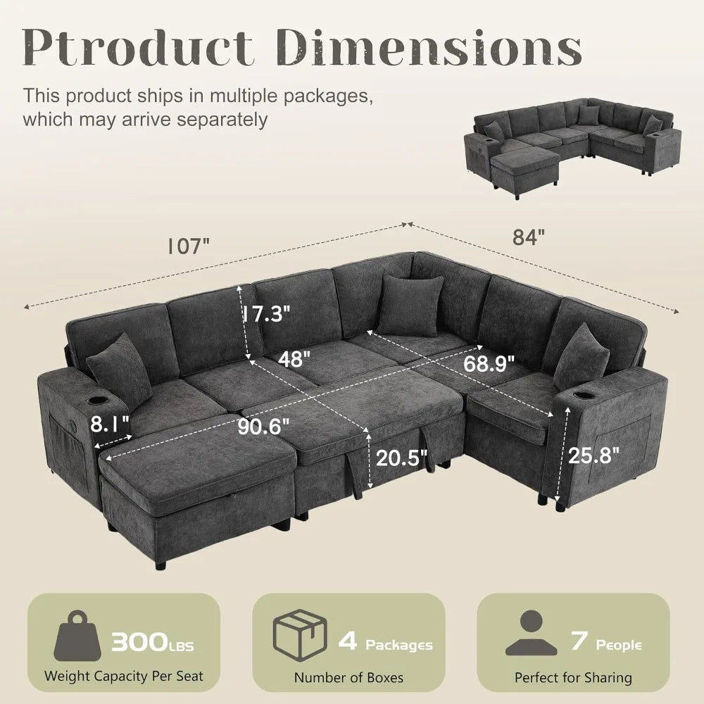 Sofá Seccional Modular de 107 Pulgadas con Cama Extraíble, Sofá Seccional en Forma de U de 7 Plazas con Otomana de Almacenamiento, USB, Personalizable
