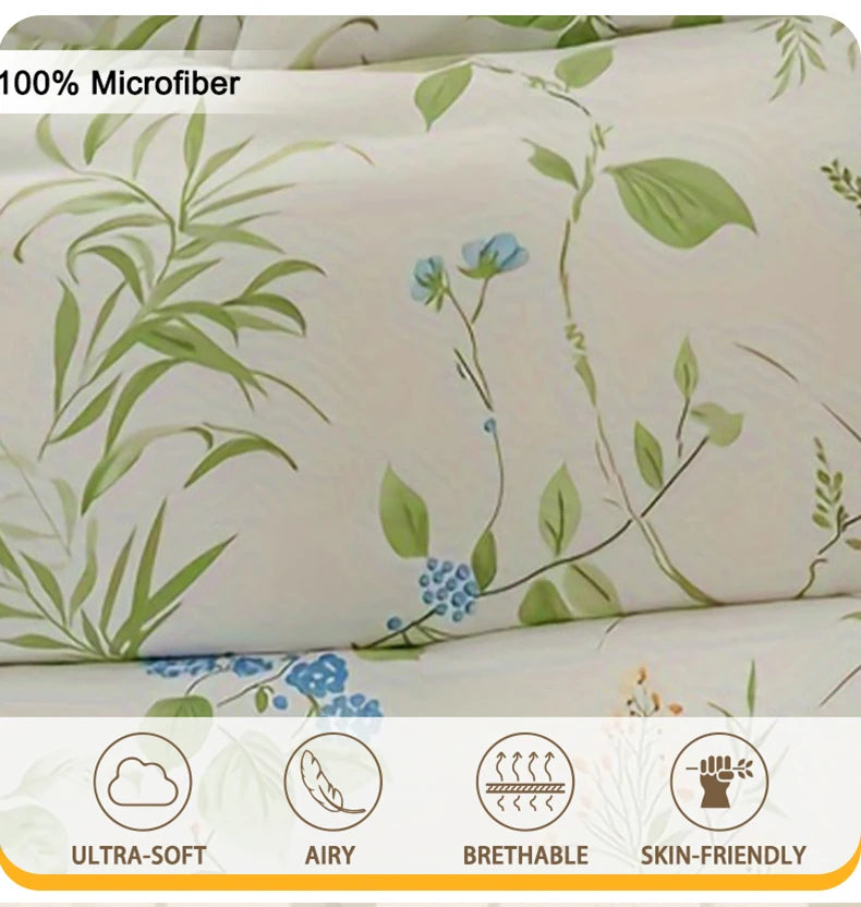 Juego de funda nórdica con estampado floral de hojas, 3 unidades/juego (1 funda nórdica y 2 fundas de almohada), juego de ropa de cama suave y agradable para la piel