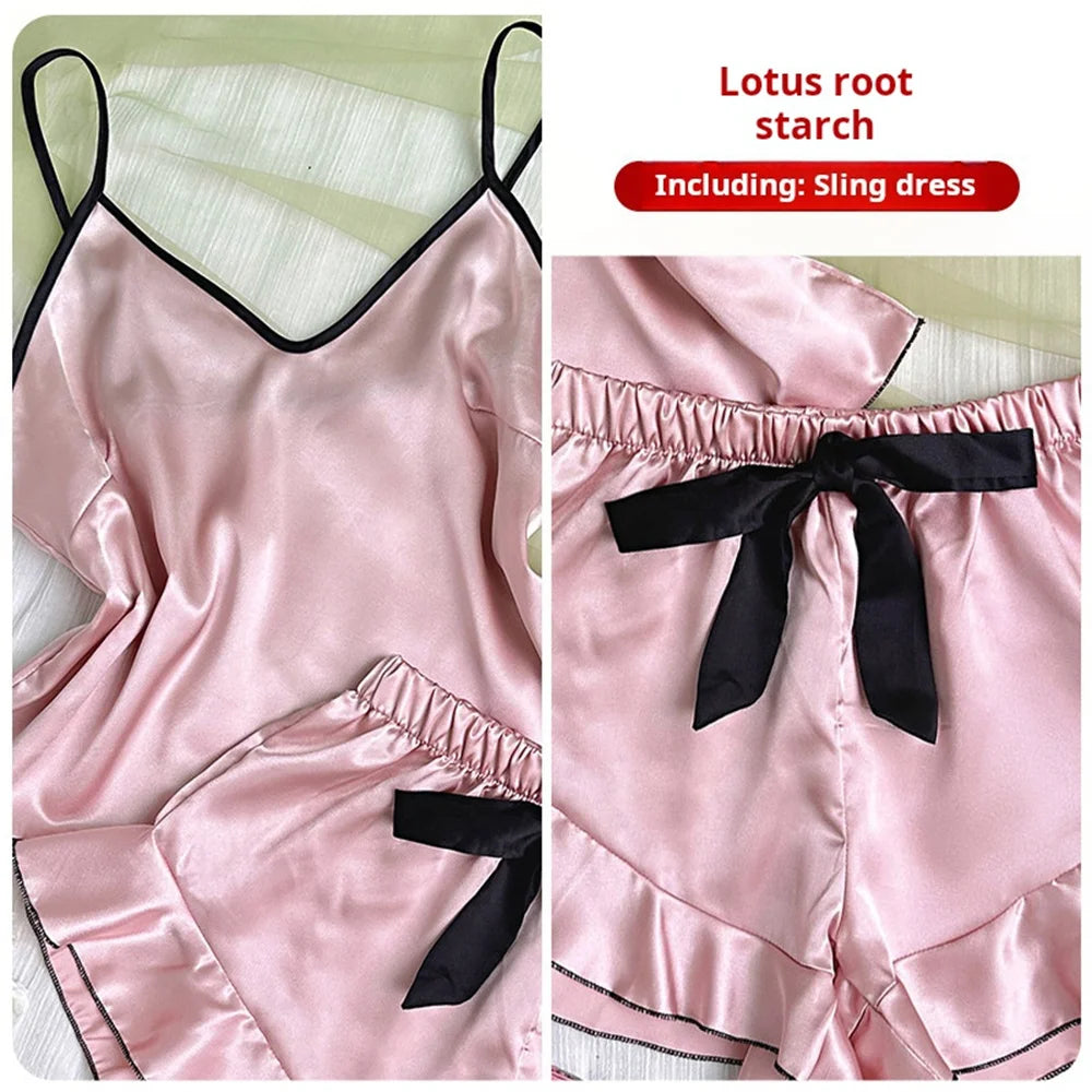 Pijamas de satén liso para mujer, camiseta con cuello en V, bordes con volantes y pantalones cortos con lazo, conjunto de pijama sencillo y transpirable, ropa para el hogar con tirantes